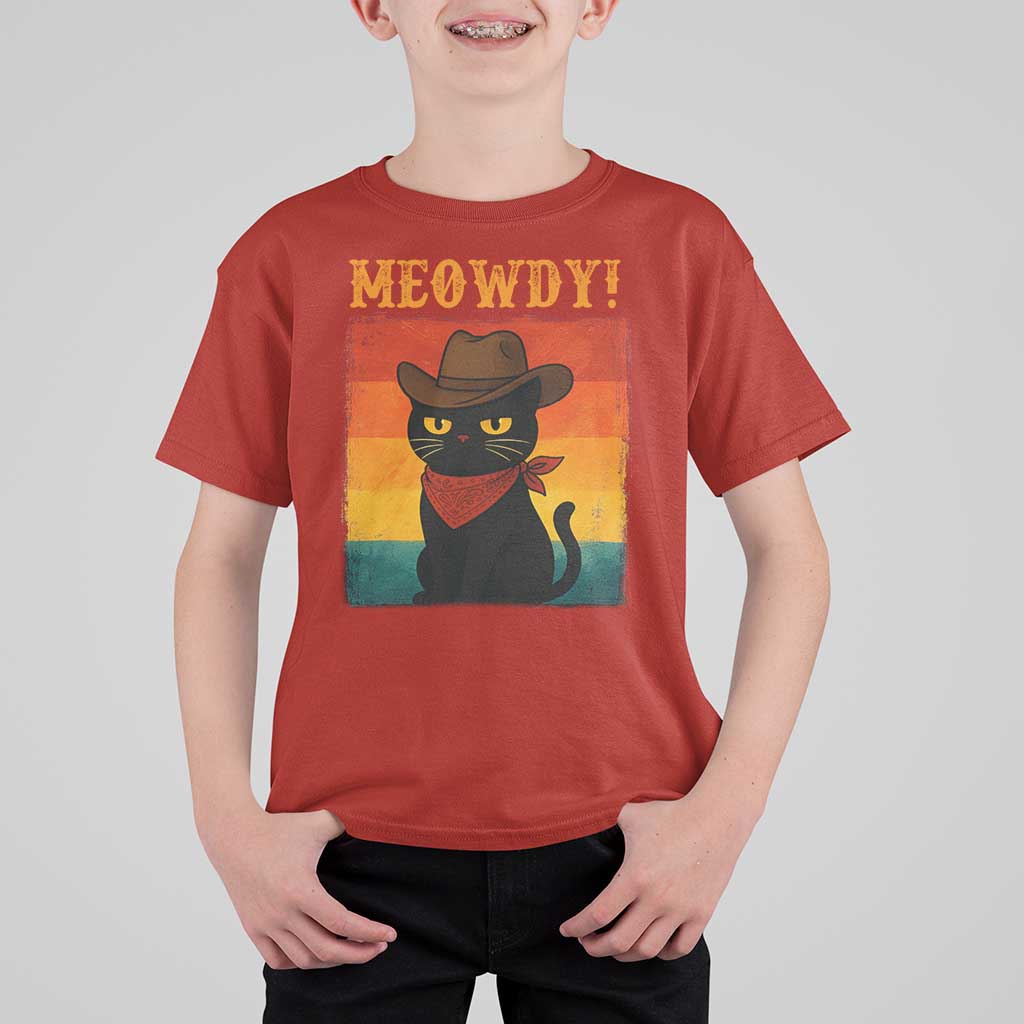 Meowdy Cowboy Cat T Shirt For Kid Cute Black Kitten Country Western - Wonder Print Shop