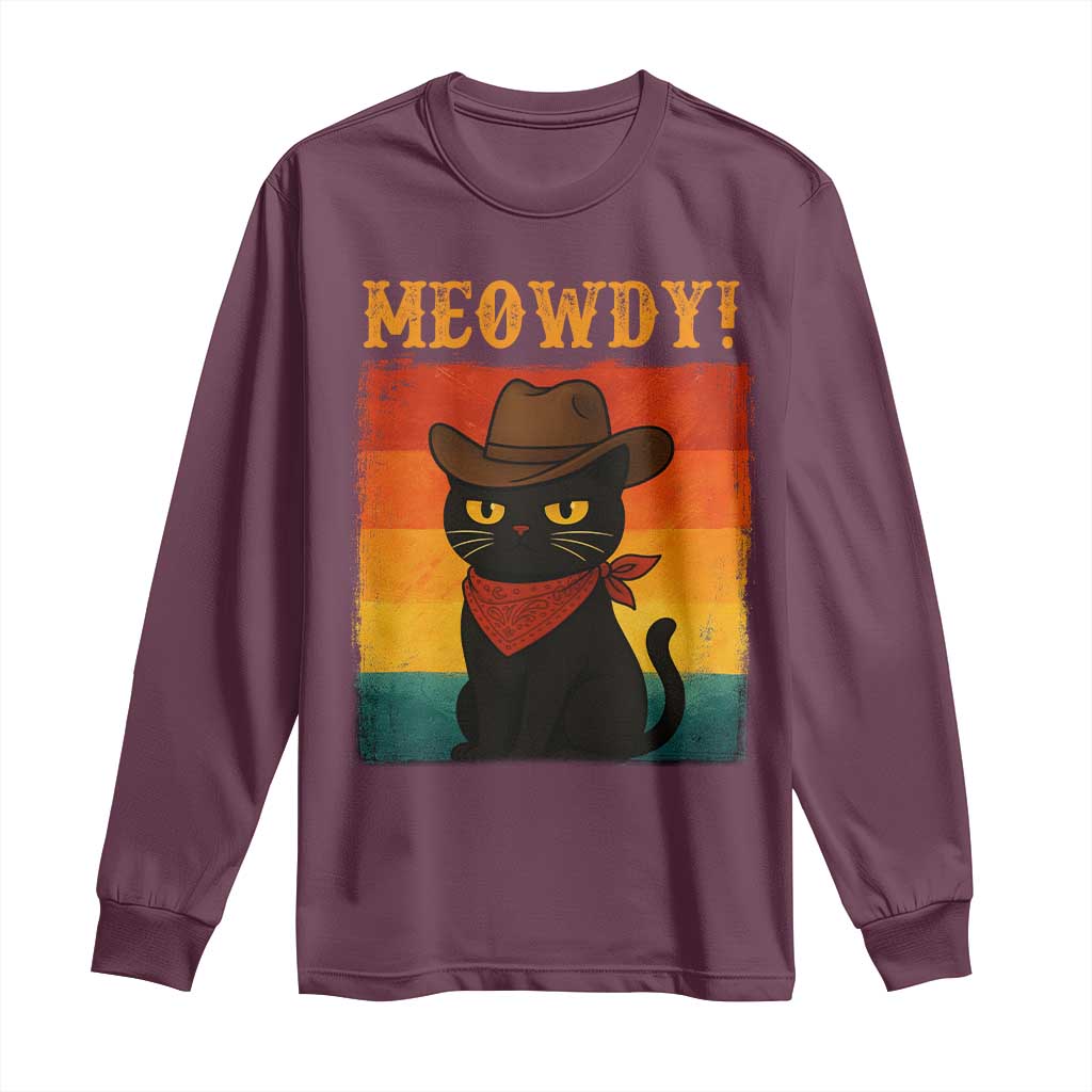 Meowdy Cowboy Cat Long Sleeve Shirt Cute Black Kitten Country Western - Wonder Print Shop