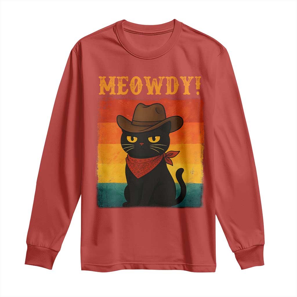 Meowdy Cowboy Cat Long Sleeve Shirt Cute Black Kitten Country Western - Wonder Print Shop