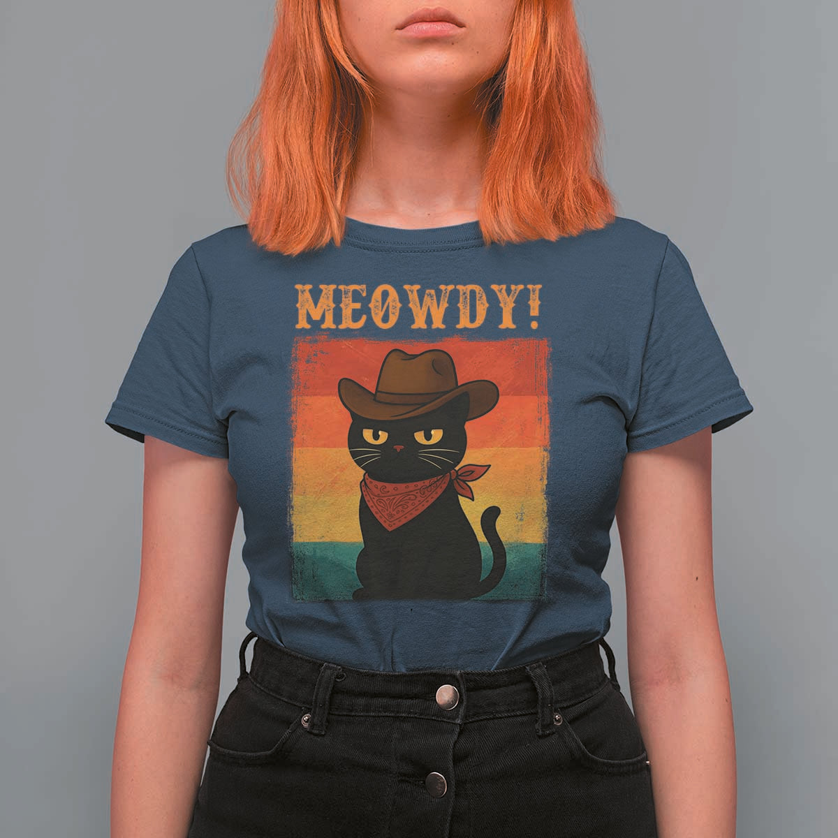 Meowdy Cowboy Cat T Shirt For Women Cute Black Kitten Country Western - Wonder Print Shop