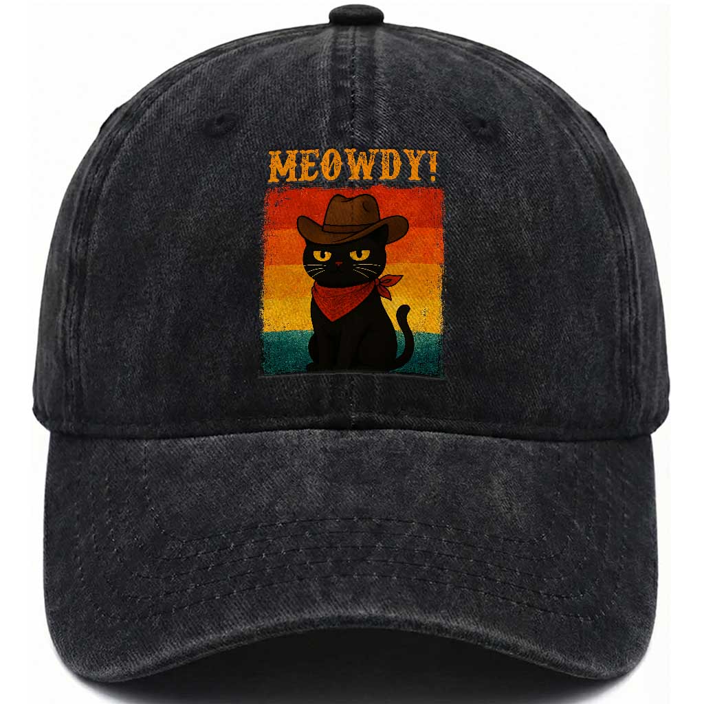 Meowdy Cowboy Cat Washed Cotton Baseball Cap Cute Black Kitten Country Western