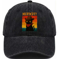 Meowdy Cowboy Cat Washed Cotton Baseball Cap Cute Black Kitten Country Western