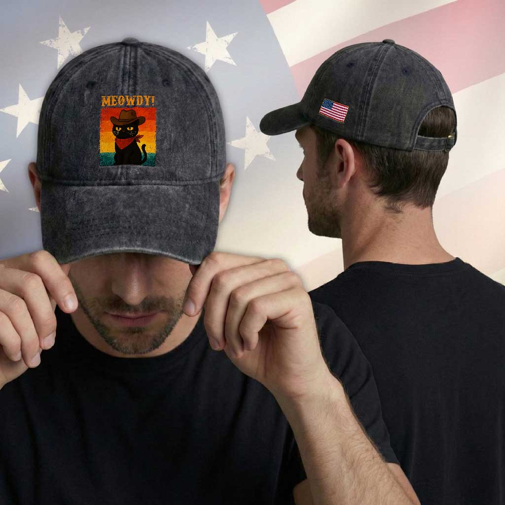 Meowdy Cowboy Cat Washed Cotton Baseball Cap Cute Black Kitten Country Western