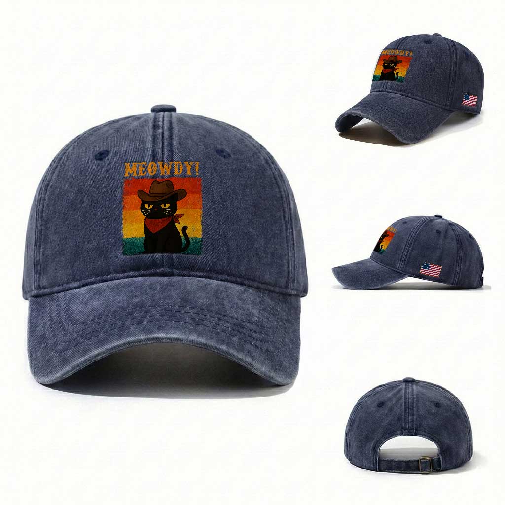 Meowdy Cowboy Cat Washed Cotton Baseball Cap Cute Black Kitten Country Western