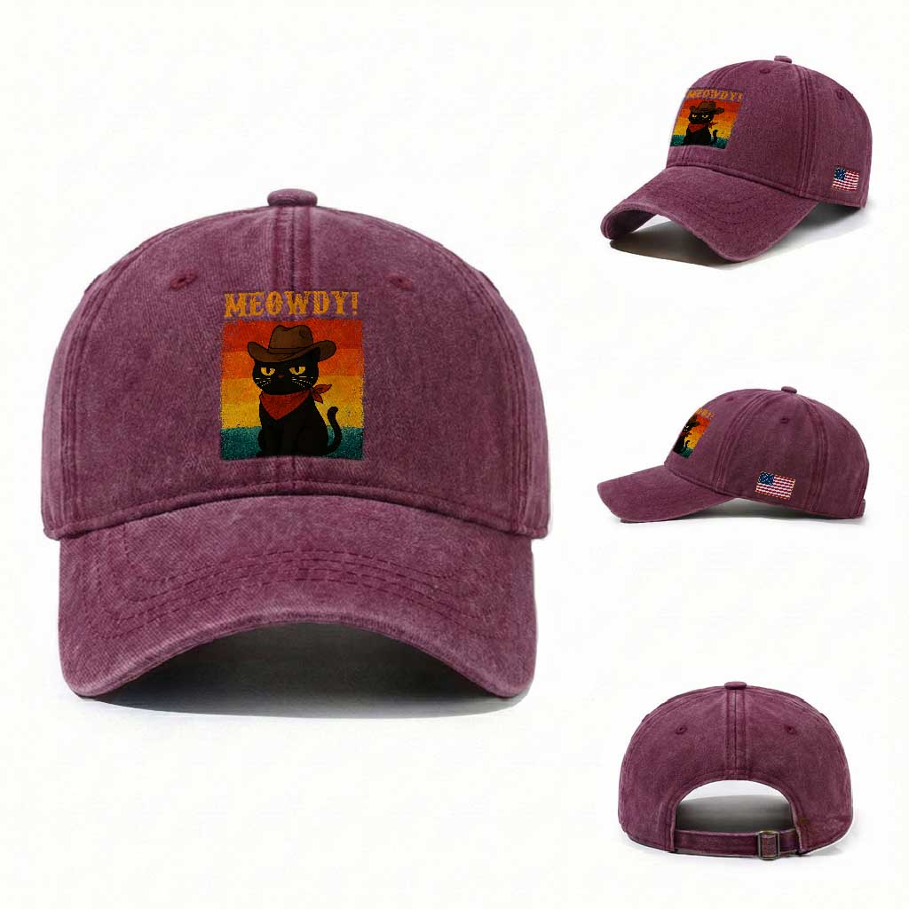 Meowdy Cowboy Cat Washed Cotton Baseball Cap Cute Black Kitten Country Western