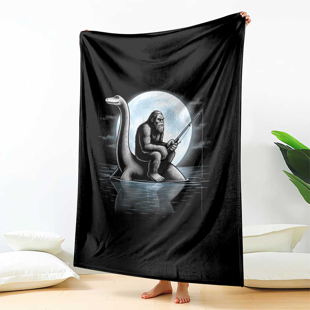 Funny Bigfoot Fishing Throw Blanket Sasquatch Riding Nessie Cryptid Moon Night - Wonder Print Shop