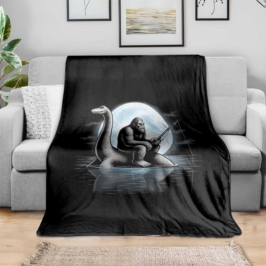 Funny Bigfoot Fishing Throw Blanket Sasquatch Riding Nessie Cryptid Moon Night - Wonder Print Shop