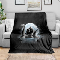 Funny Bigfoot Fishing Throw Blanket Sasquatch Riding Nessie Cryptid Moon Night - Wonder Print Shop