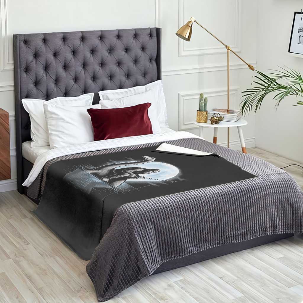 Funny Bigfoot Fishing Throw Blanket Sasquatch Riding Nessie Cryptid Moon Night - Wonder Print Shop