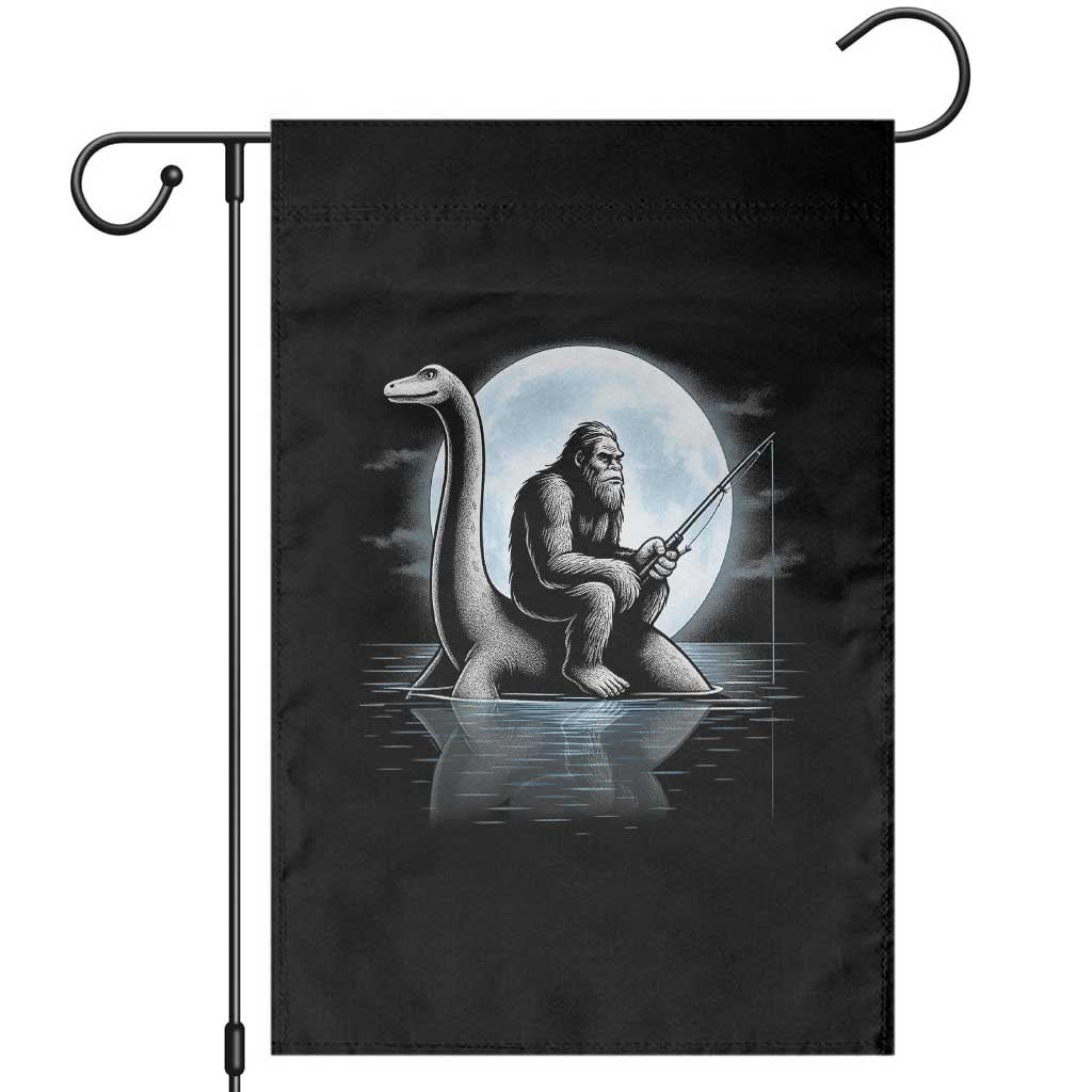 Funny Bigfoot Fishing Garden Flag Sasquatch Riding Nessie Cryptid Moon Night - Wonder Print Shop
