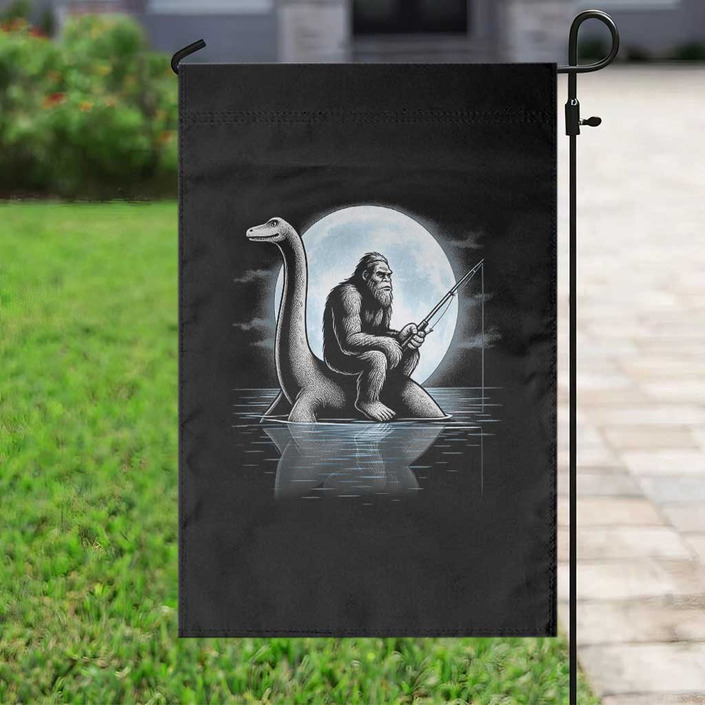 Funny Bigfoot Fishing Garden Flag Sasquatch Riding Nessie Cryptid Moon Night - Wonder Print Shop
