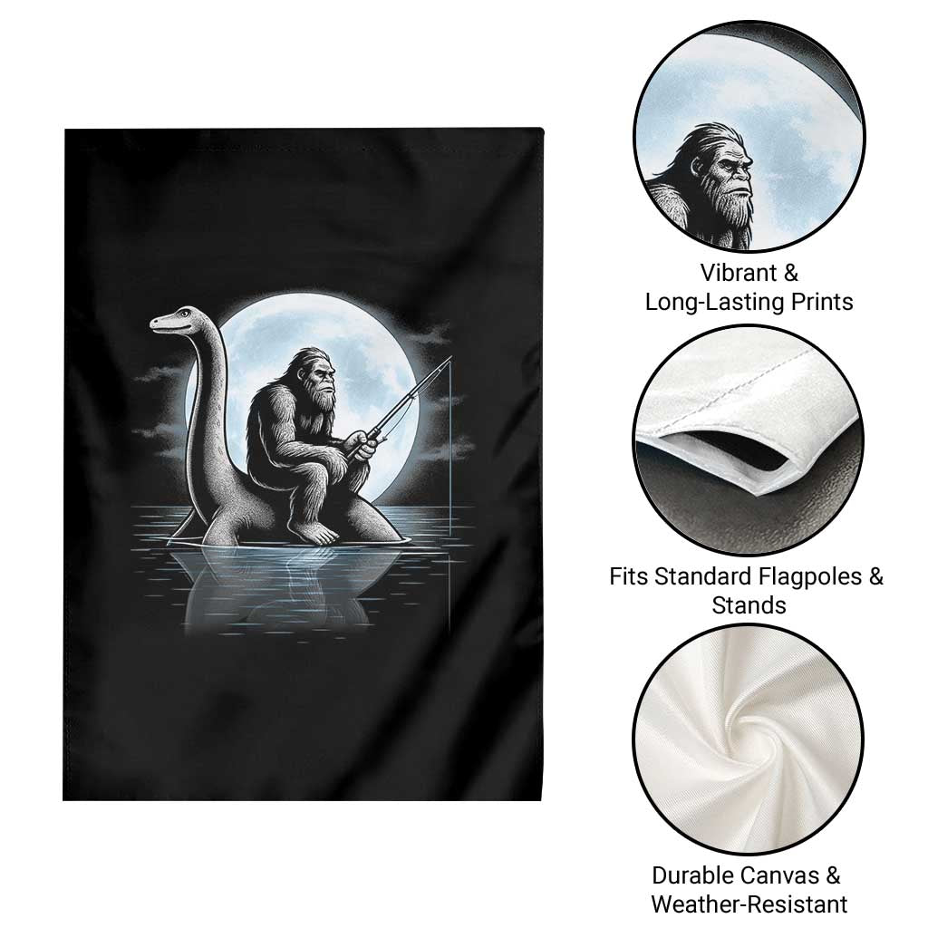 Funny Bigfoot Fishing Garden Flag Sasquatch Riding Nessie Cryptid Moon Night - Wonder Print Shop