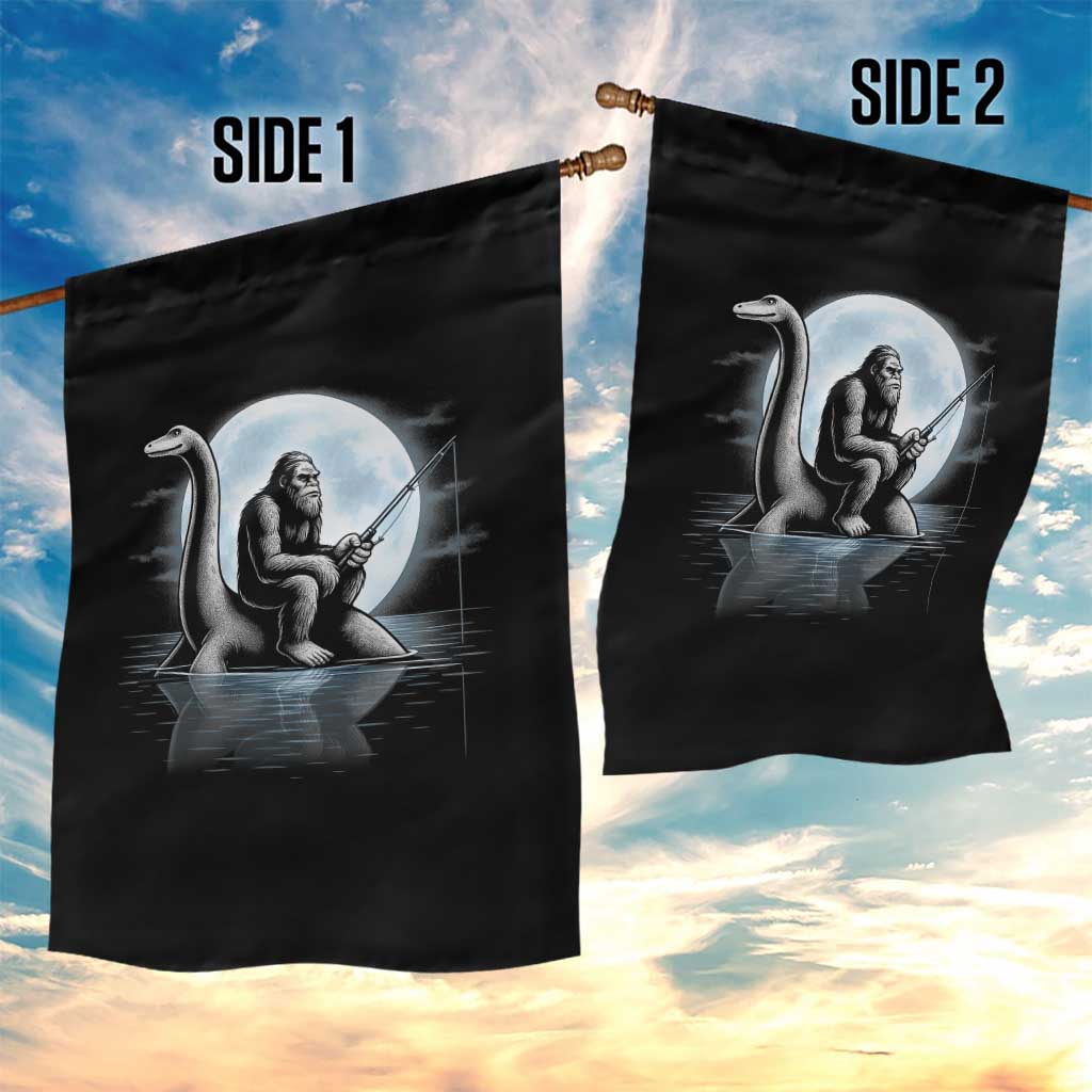 Funny Bigfoot Fishing Garden Flag Sasquatch Riding Nessie Cryptid Moon Night - Wonder Print Shop