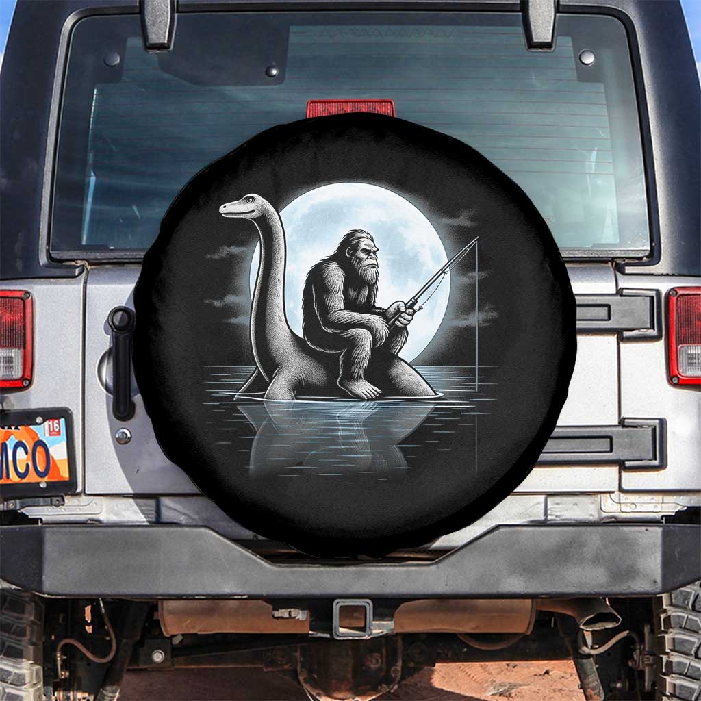 Funny Bigfoot Fishing Spare Tire Cover Sasquatch Riding Nessie Cryptid Moon Night - Wonder Print Shop