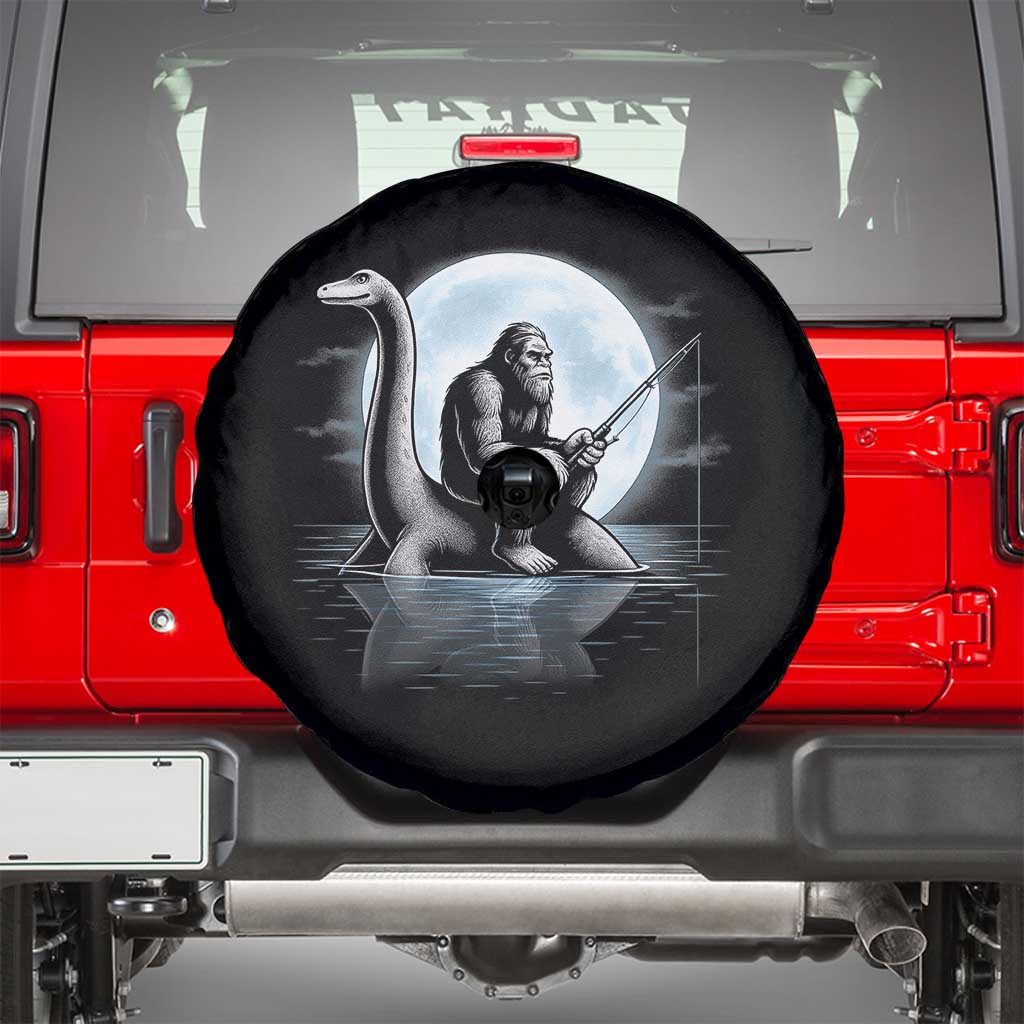 Funny Bigfoot Fishing Spare Tire Cover Sasquatch Riding Nessie Cryptid Moon Night - Wonder Print Shop