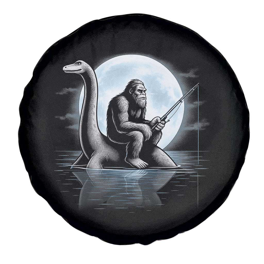 Funny Bigfoot Fishing Spare Tire Cover Sasquatch Riding Nessie Cryptid Moon Night - Wonder Print Shop