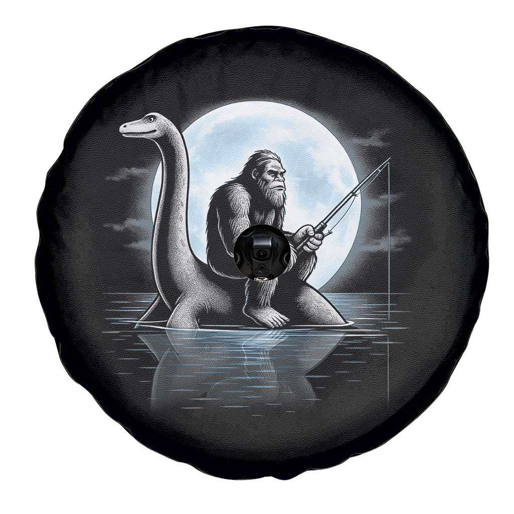 Funny Bigfoot Fishing Spare Tire Cover Sasquatch Riding Nessie Cryptid Moon Night - Wonder Print Shop