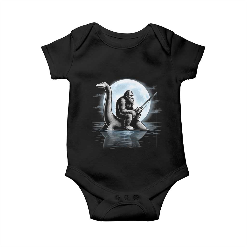 Funny Bigfoot Fishing Baby Onesie Sasquatch Riding Nessie Cryptid Moon Night - Wonder Print Shop