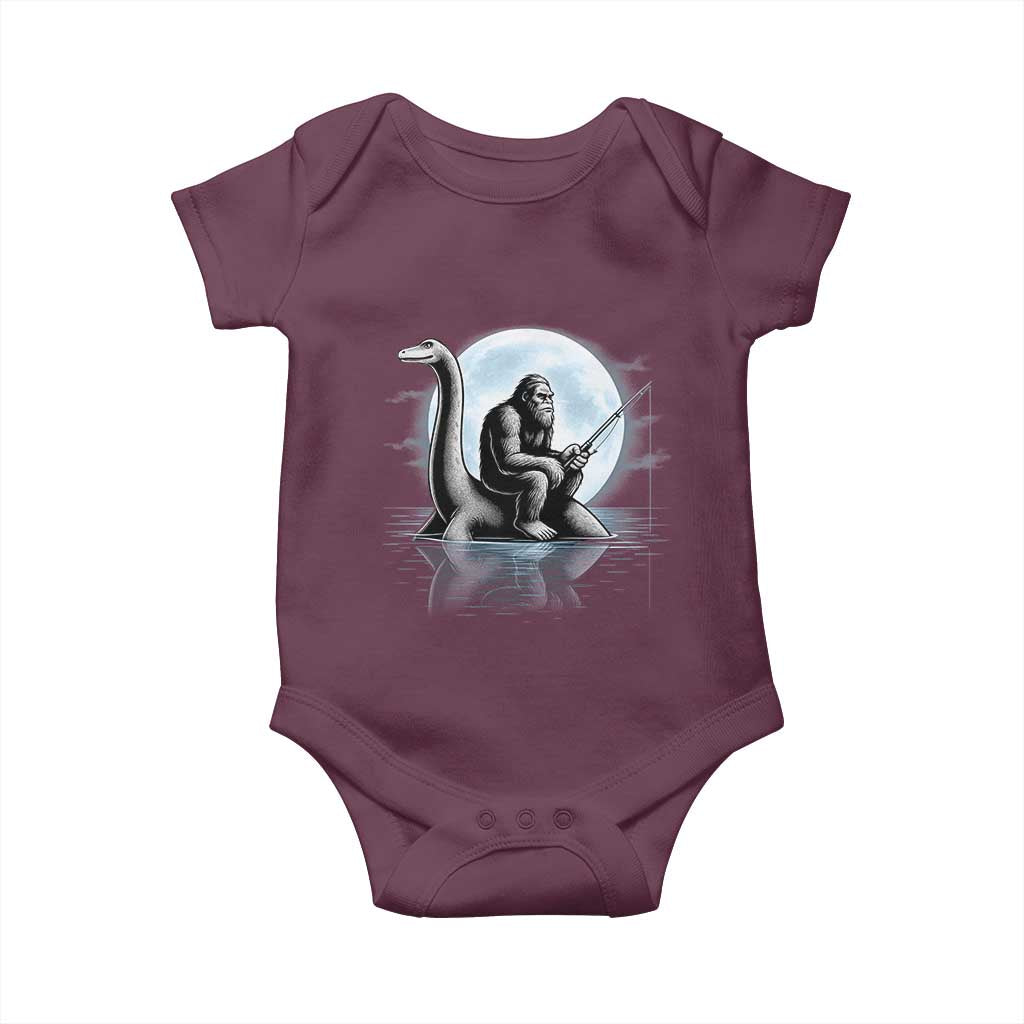 Funny Bigfoot Fishing Baby Onesie Sasquatch Riding Nessie Cryptid Moon Night - Wonder Print Shop