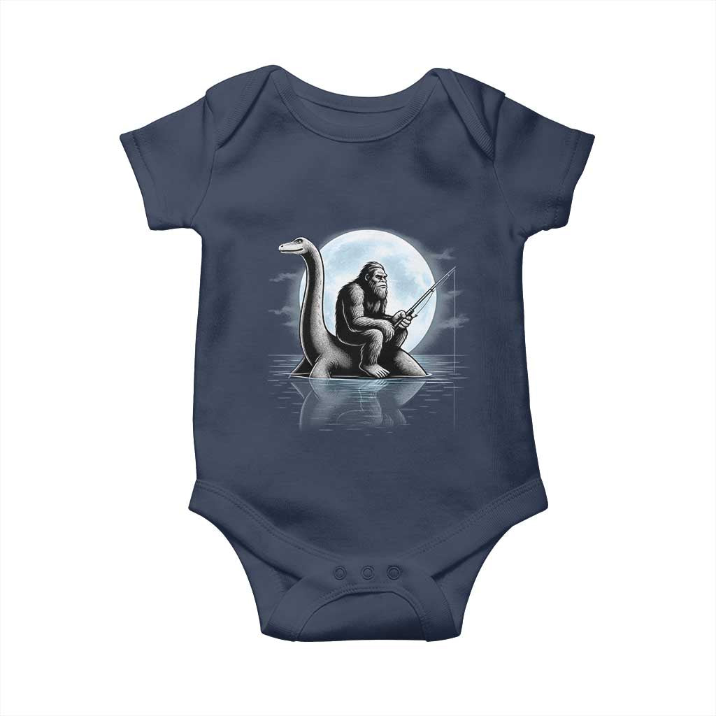 Funny Bigfoot Fishing Baby Onesie Sasquatch Riding Nessie Cryptid Moon Night - Wonder Print Shop