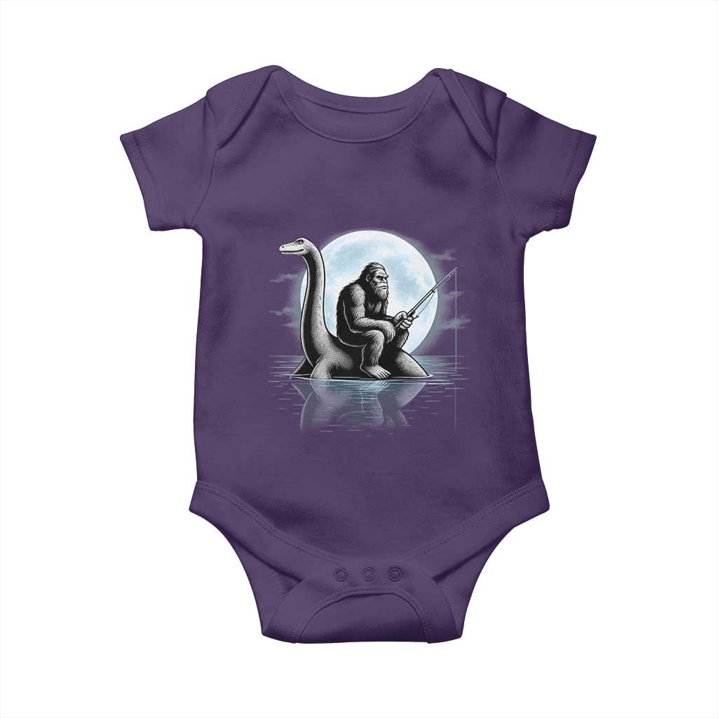 Funny Bigfoot Fishing Baby Onesie Sasquatch Riding Nessie Cryptid Moon Night - Wonder Print Shop