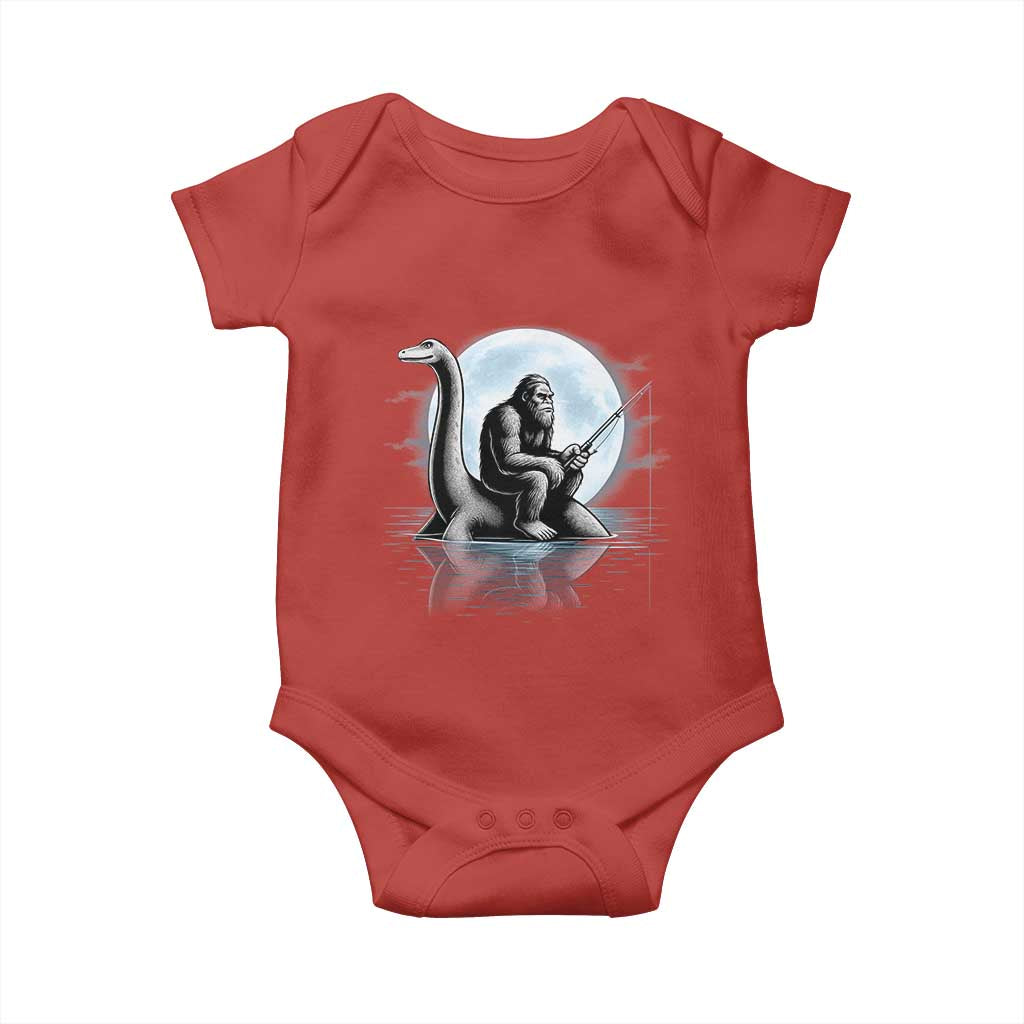 Funny Bigfoot Fishing Baby Onesie Sasquatch Riding Nessie Cryptid Moon Night - Wonder Print Shop