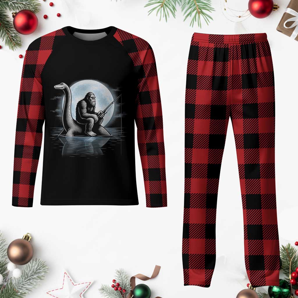 Funny Bigfoot Fishing Plaid Pajama Set Sasquatch Riding Nessie Cryptid Moon Night - Wonder Print Shop
