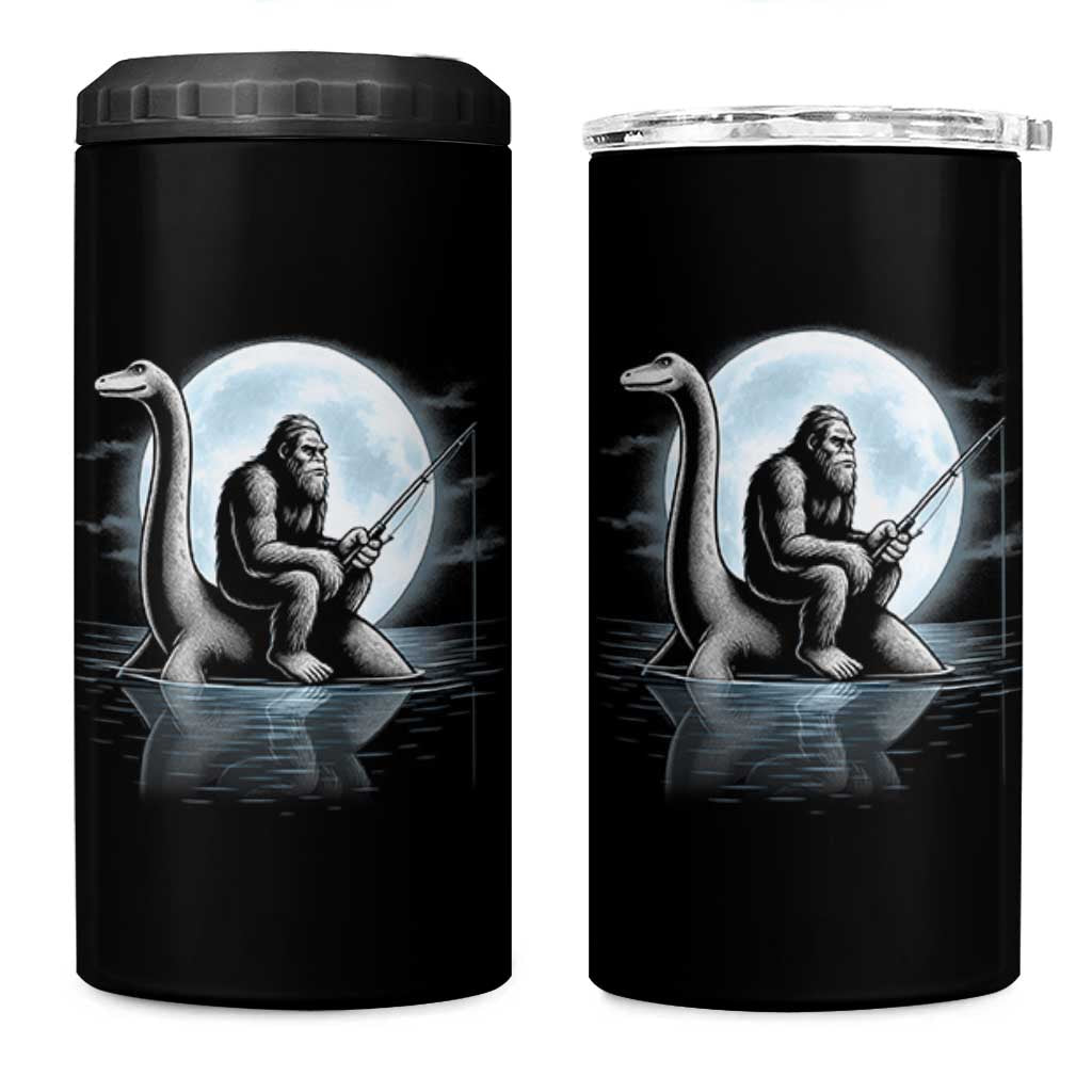 Funny Bigfoot Fishing 4 in 1 Can Cooler Tumbler Sasquatch Riding Nessie Cryptid Moon Night - Wonder Print Shop