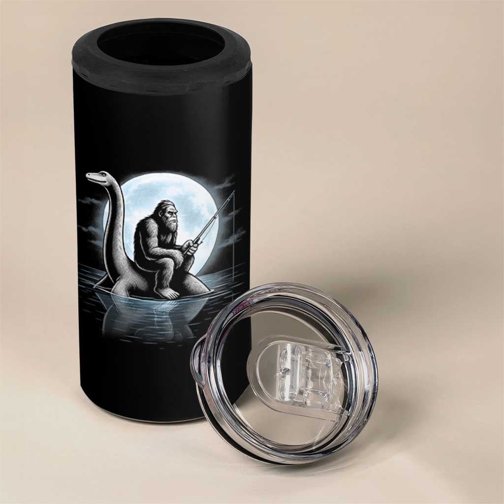 Funny Bigfoot Fishing 4 in 1 Can Cooler Tumbler Sasquatch Riding Nessie Cryptid Moon Night - Wonder Print Shop