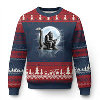 Funny Bigfoot Fishing Ugly Christmas Sweater Sasquatch Riding Nessie Cryptid Moon Night - Wonder Print Shop