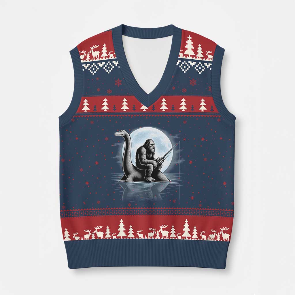 Funny Bigfoot Fishing V-Neck Knit Sweater Vest Sasquatch Riding Nessie Cryptid Moon Night - Wonder Print Shop