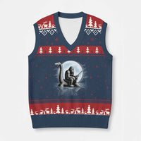 Funny Bigfoot Fishing V-Neck Knit Sweater Vest Sasquatch Riding Nessie Cryptid Moon Night - Wonder Print Shop