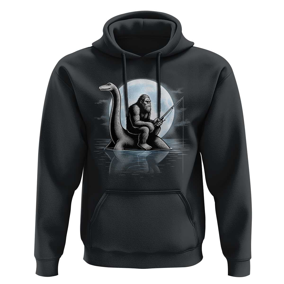 Funny Bigfoot Fishing Hoodie Sasquatch Riding Nessie Cryptid Moon Night - Wonder Print Shop