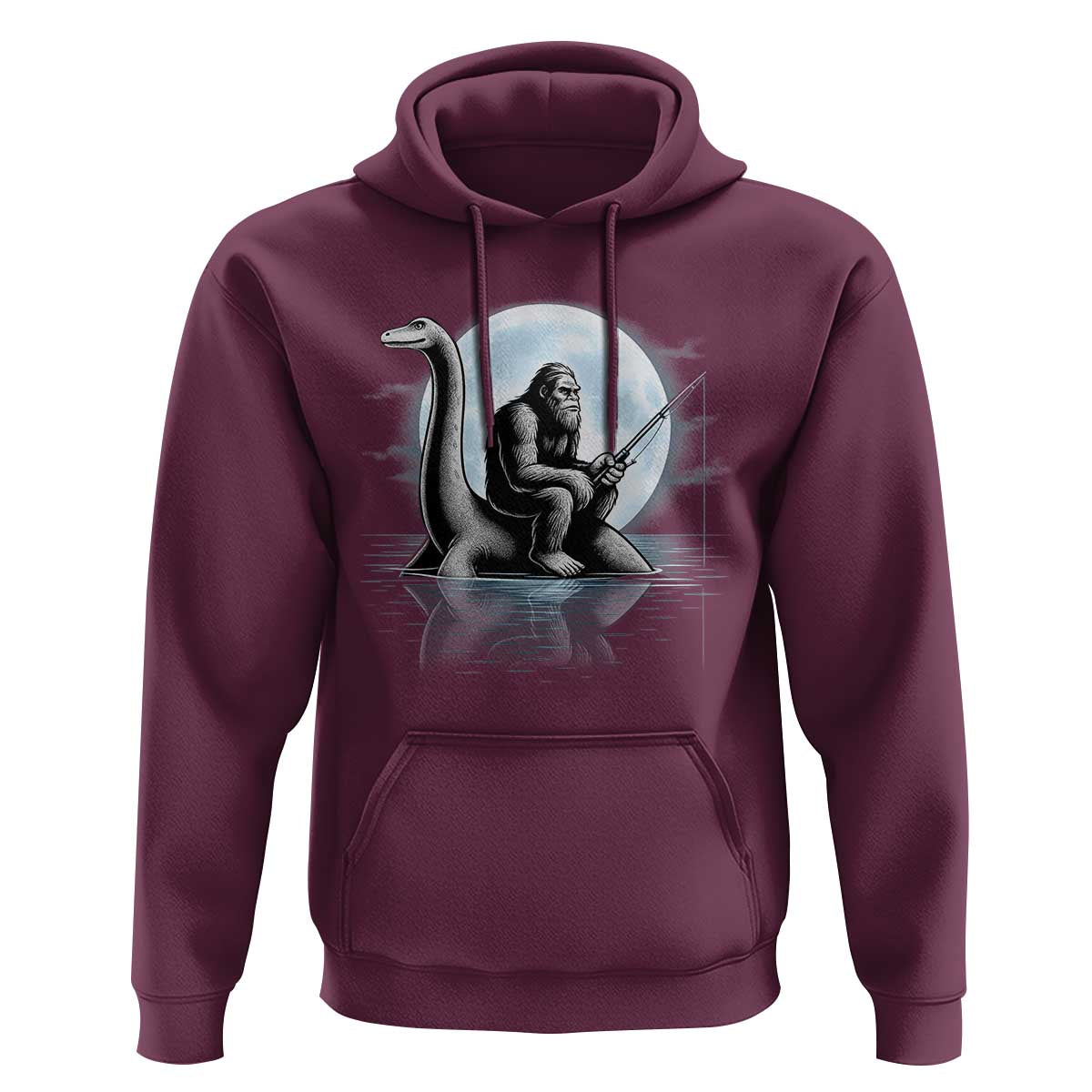 Funny Bigfoot Fishing Hoodie Sasquatch Riding Nessie Cryptid Moon Night - Wonder Print Shop