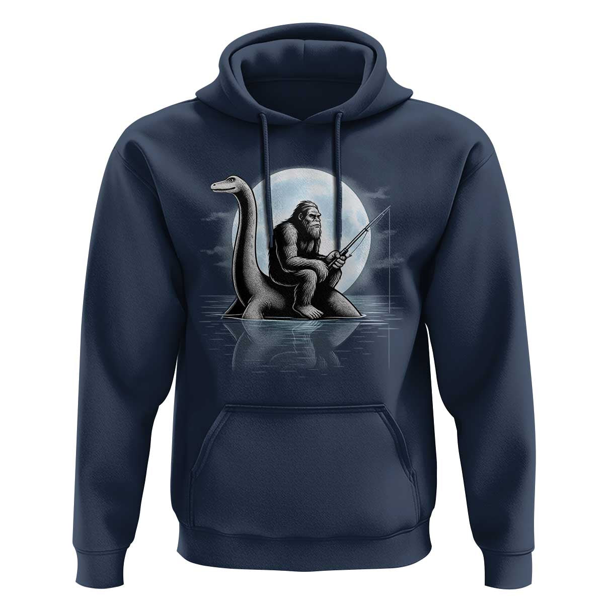 Funny Bigfoot Fishing Hoodie Sasquatch Riding Nessie Cryptid Moon Night - Wonder Print Shop