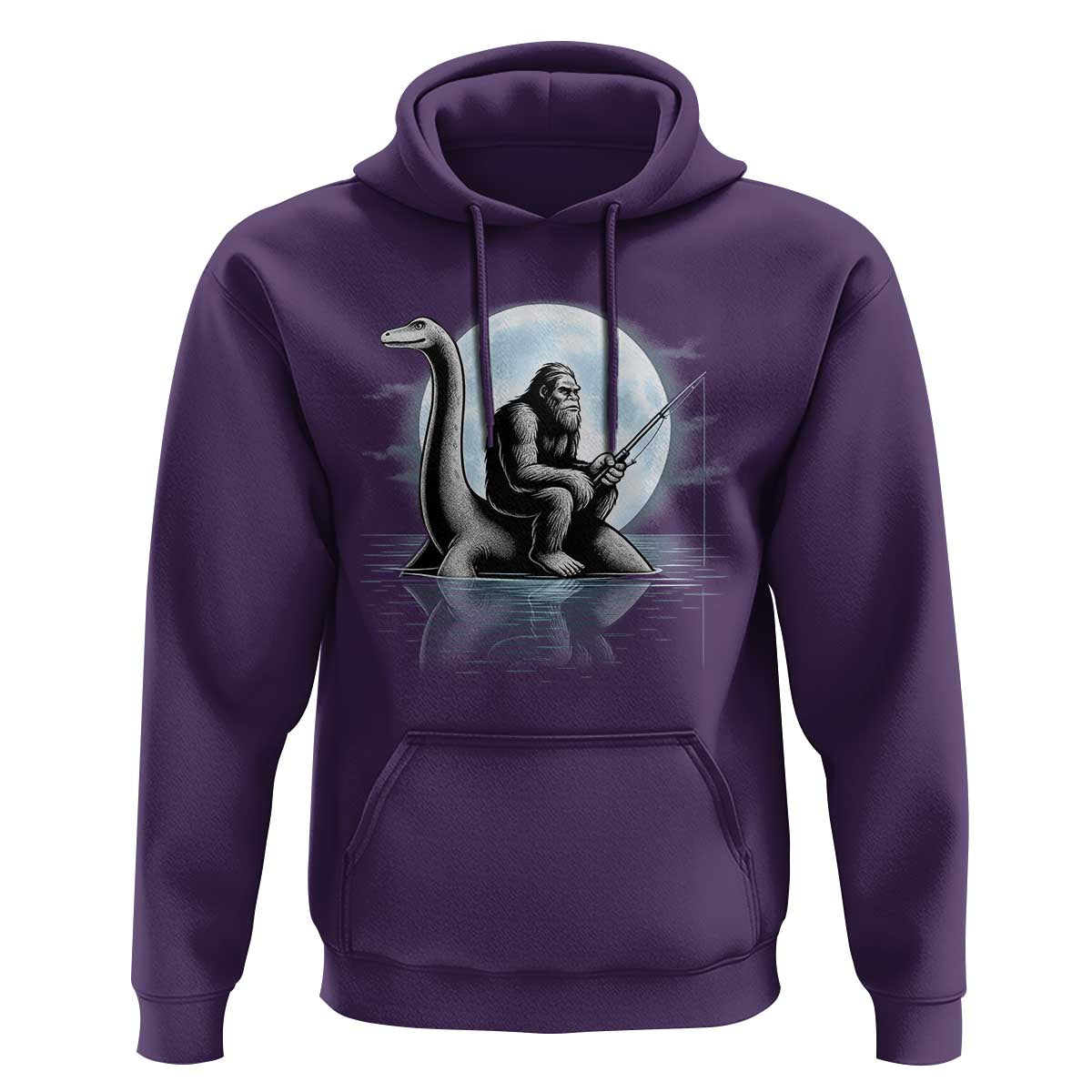 Funny Bigfoot Fishing Hoodie Sasquatch Riding Nessie Cryptid Moon Night - Wonder Print Shop
