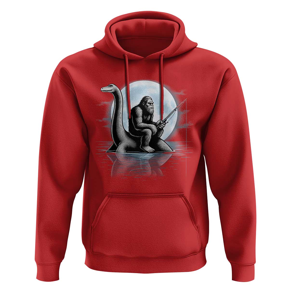 Funny Bigfoot Fishing Hoodie Sasquatch Riding Nessie Cryptid Moon Night - Wonder Print Shop