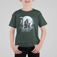 Funny Bigfoot Fishing T Shirt For Kid Sasquatch Riding Nessie Cryptid Moon Night - Wonder Print Shop
