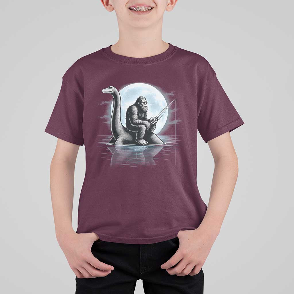 Funny Bigfoot Fishing T Shirt For Kid Sasquatch Riding Nessie Cryptid Moon Night - Wonder Print Shop