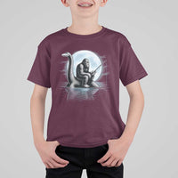 Funny Bigfoot Fishing T Shirt For Kid Sasquatch Riding Nessie Cryptid Moon Night - Wonder Print Shop