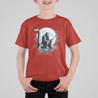 Funny Bigfoot Fishing T Shirt For Kid Sasquatch Riding Nessie Cryptid Moon Night - Wonder Print Shop