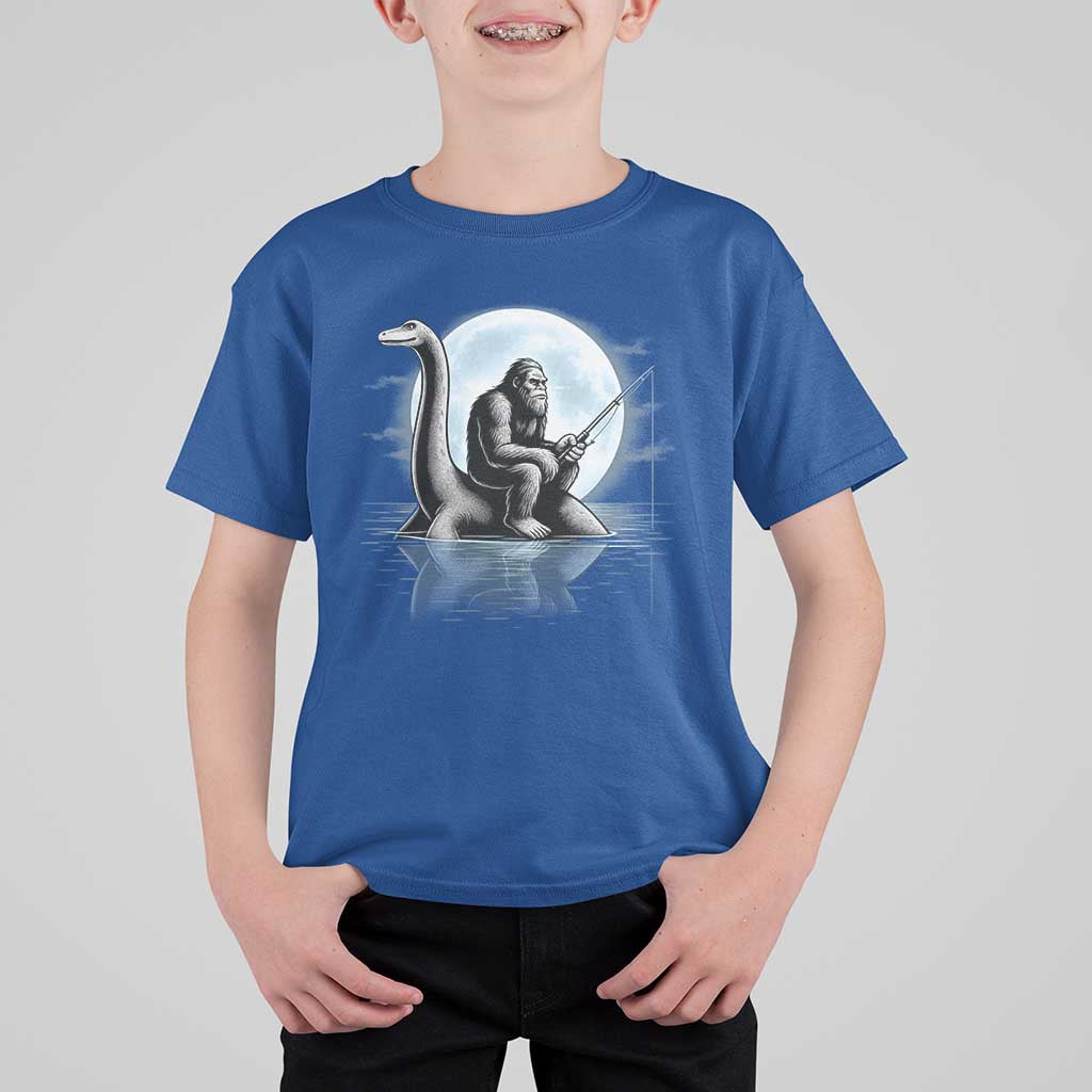 Funny Bigfoot Fishing T Shirt For Kid Sasquatch Riding Nessie Cryptid Moon Night - Wonder Print Shop