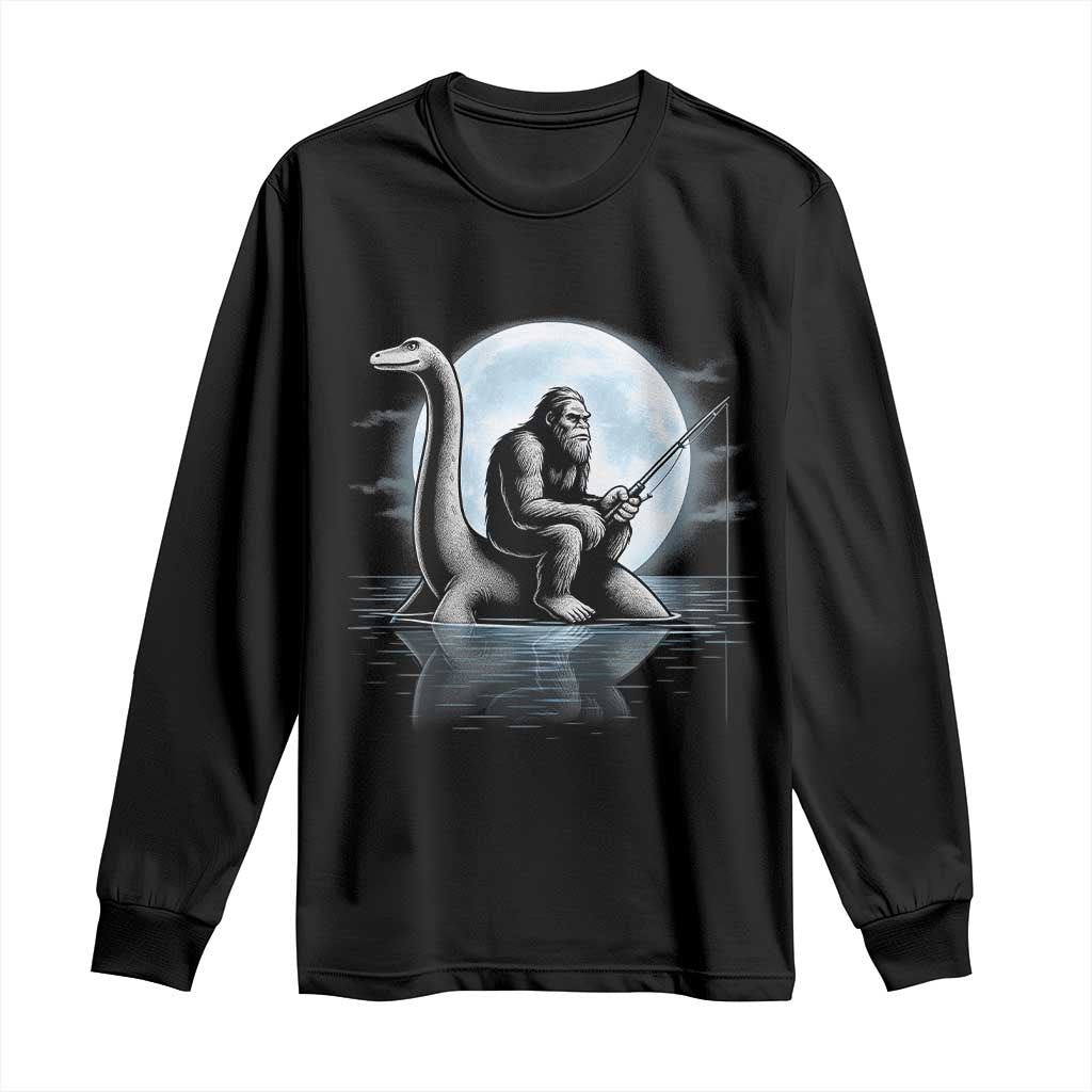 Funny Bigfoot Fishing Long Sleeve Shirt Sasquatch Riding Nessie Cryptid Moon Night - Wonder Print Shop