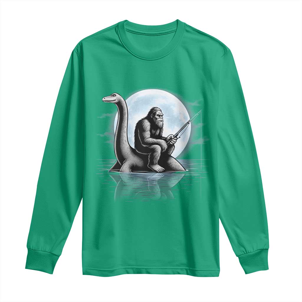 Funny Bigfoot Fishing Long Sleeve Shirt Sasquatch Riding Nessie Cryptid Moon Night - Wonder Print Shop