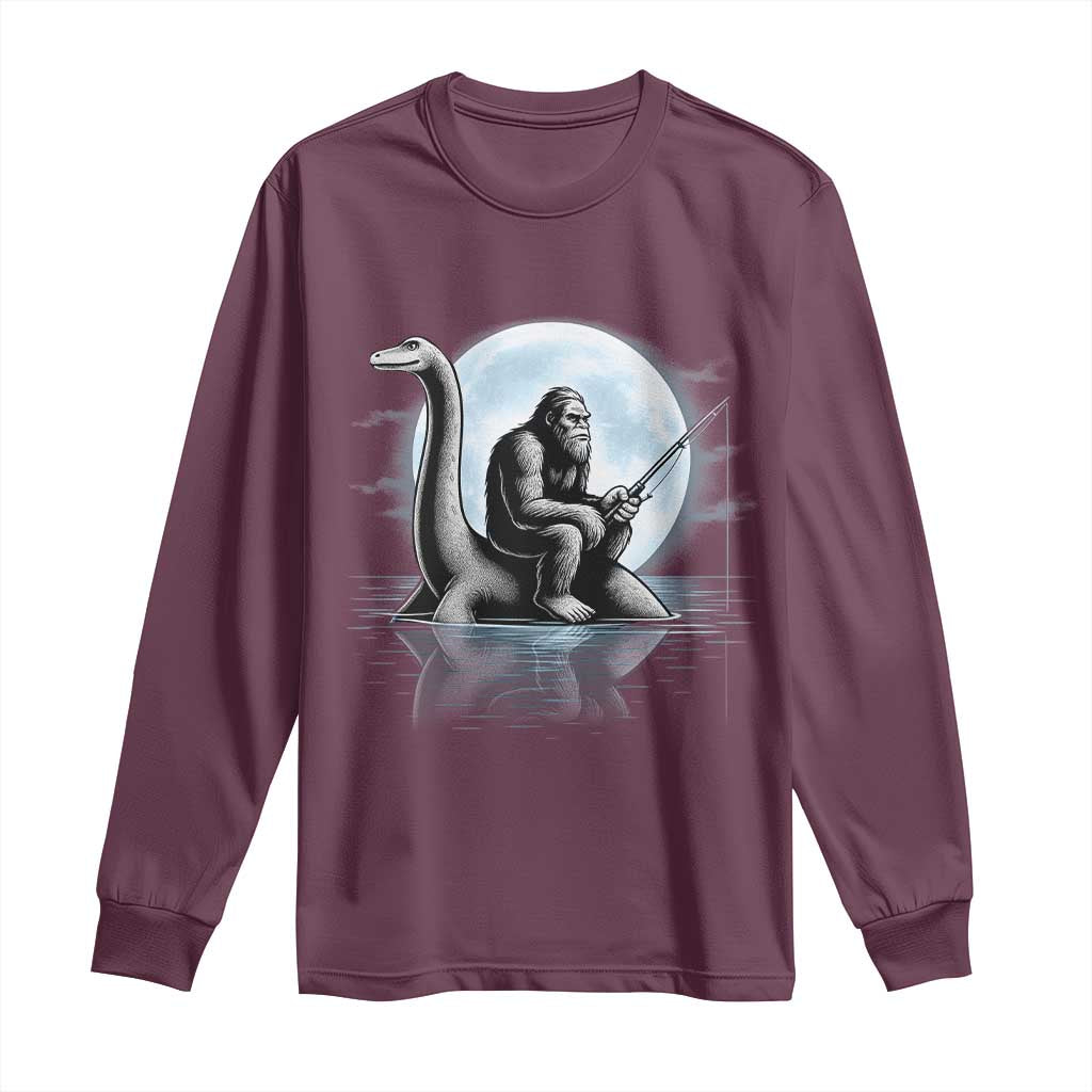Funny Bigfoot Fishing Long Sleeve Shirt Sasquatch Riding Nessie Cryptid Moon Night - Wonder Print Shop