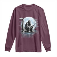 Funny Bigfoot Fishing Long Sleeve Shirt Sasquatch Riding Nessie Cryptid Moon Night - Wonder Print Shop