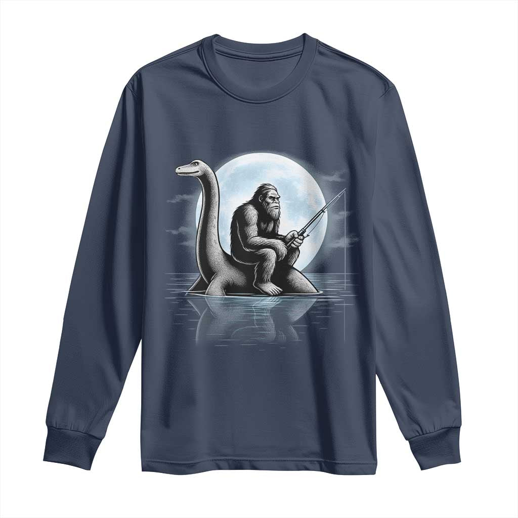 Funny Bigfoot Fishing Long Sleeve Shirt Sasquatch Riding Nessie Cryptid Moon Night - Wonder Print Shop