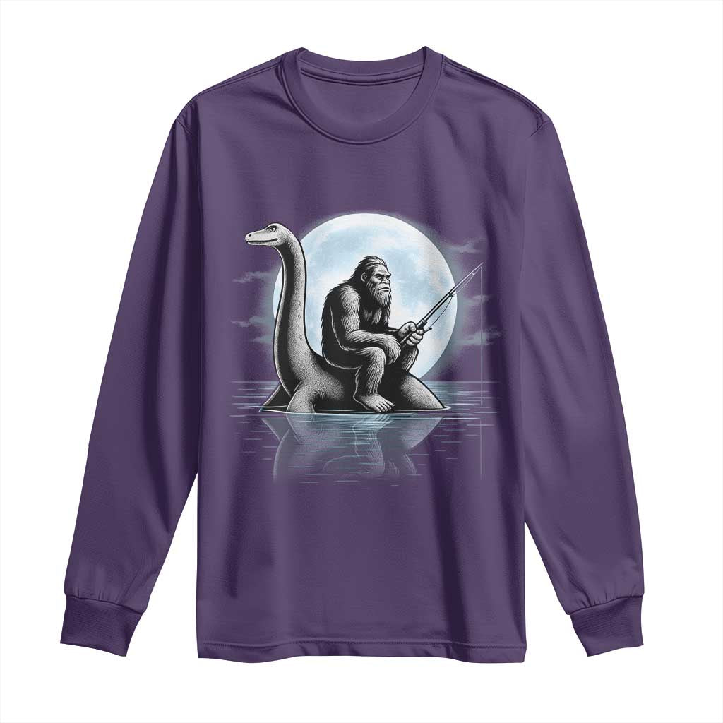 Funny Bigfoot Fishing Long Sleeve Shirt Sasquatch Riding Nessie Cryptid Moon Night - Wonder Print Shop