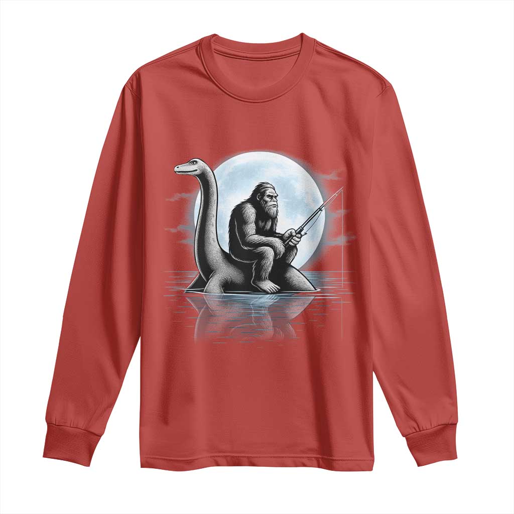 Funny Bigfoot Fishing Long Sleeve Shirt Sasquatch Riding Nessie Cryptid Moon Night - Wonder Print Shop