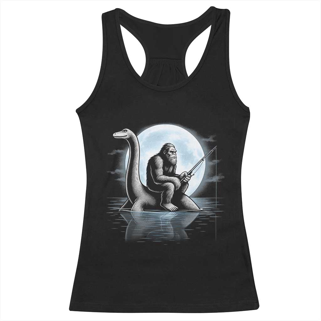 Funny Bigfoot Fishing Racerback Tank Top Sasquatch Riding Nessie Cryptid Moon Night - Wonder Print Shop